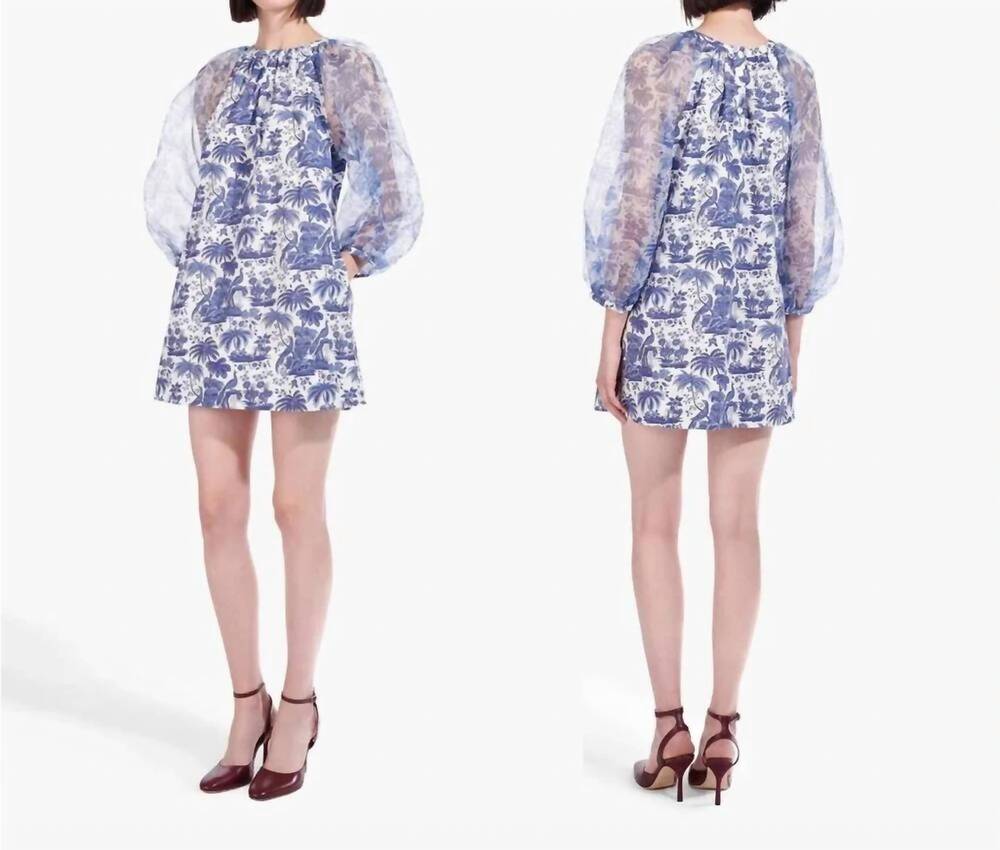 NEW STAUD garden balloon sleeve dress in china blue toile - Picture 3 of 3